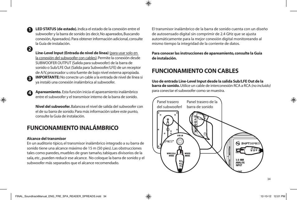 Funcionamiento inalámbrico, Funcionamiento con cables | Paradigm Soundtrack System User Manual | Page 37 / 40