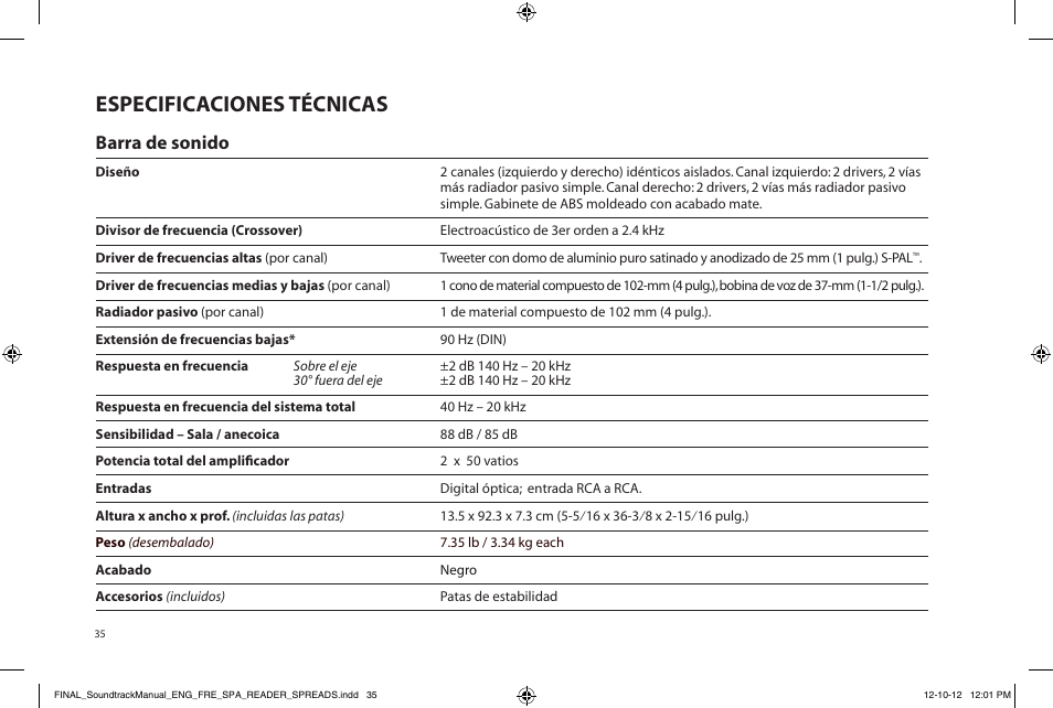 Especificaciones técnicas, Barra de sonido | Paradigm Soundtrack System User Manual | Page 38 / 40