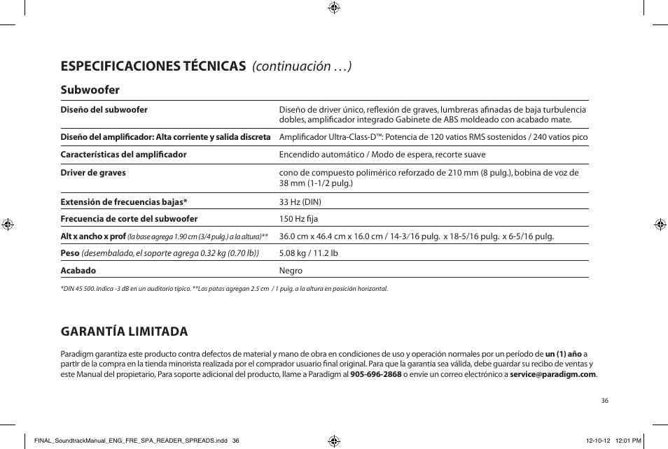 Especificaciones técnicas (continuación …), Garantía limitada, Subwoofer | Paradigm Soundtrack System User Manual | Page 39 / 40