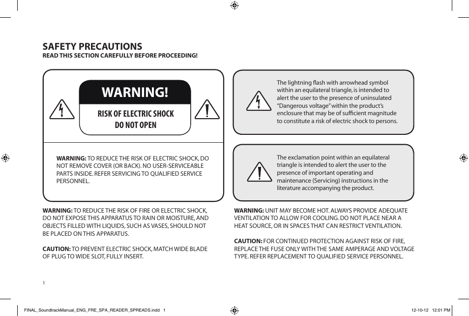 Warning, Safety precautions, Risk of electric shock do not open | Paradigm Soundtrack System User Manual | Page 4 / 40
