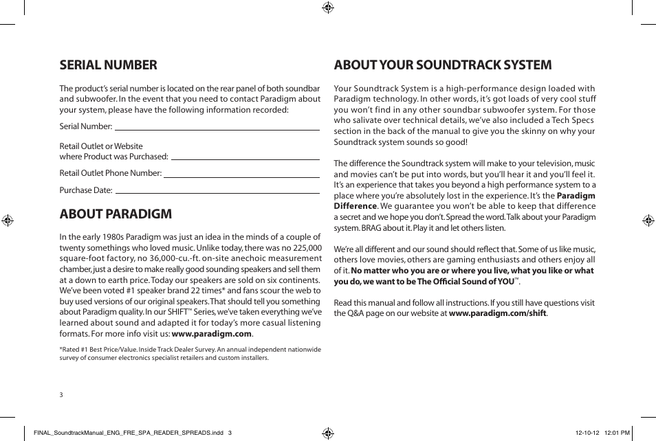 Serial number, About paradigm, About your soundtrack system | Paradigm Soundtrack System User Manual | Page 6 / 40