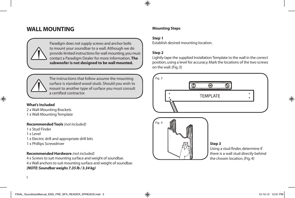 Wall mounting | Paradigm Soundtrack System User Manual | Page 8 / 40