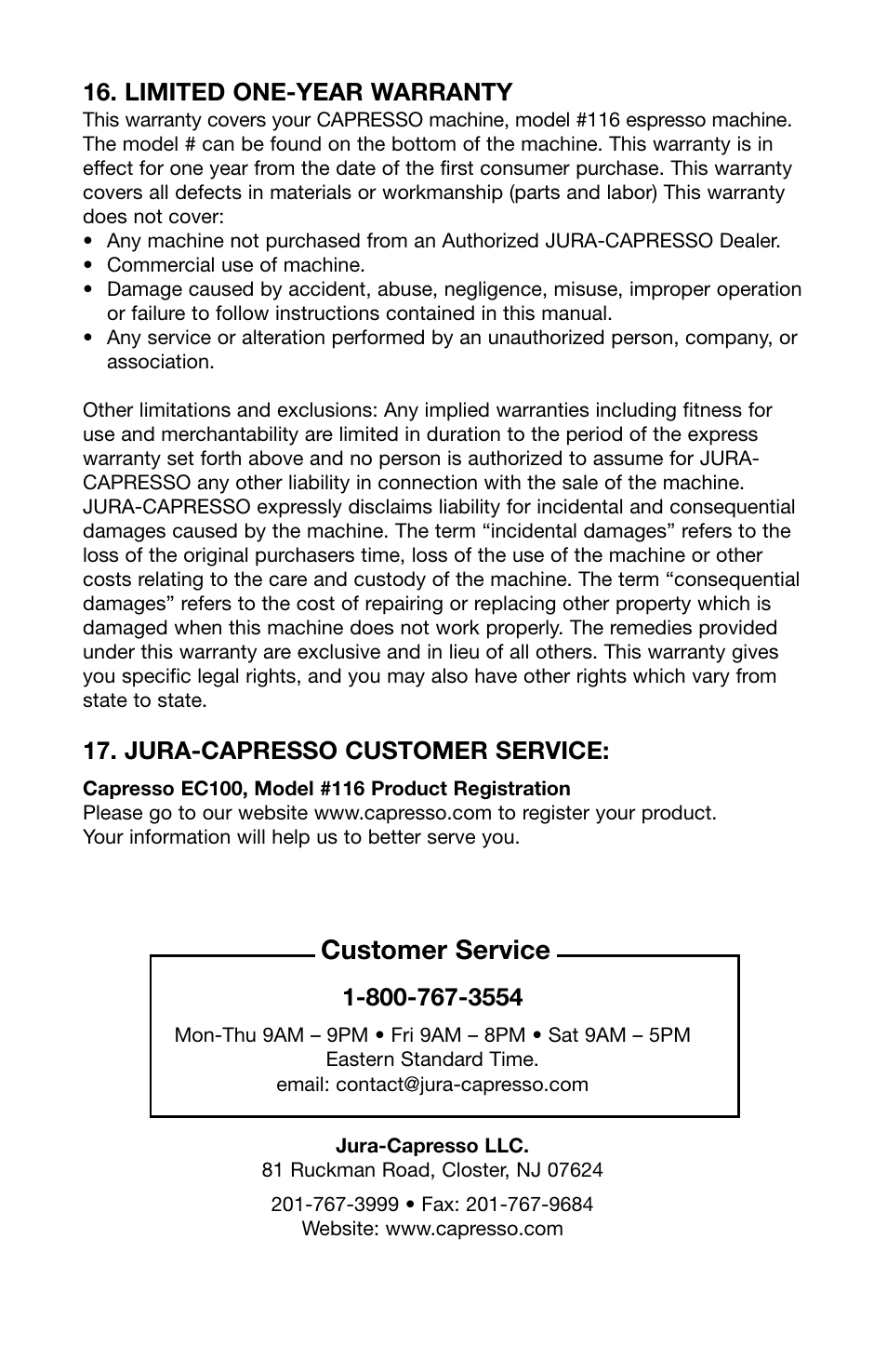 Customer service, Limited one-year warranty, Jura-capresso customer service | Capresso EC1OO #116 User Manual | Page 12 / 12