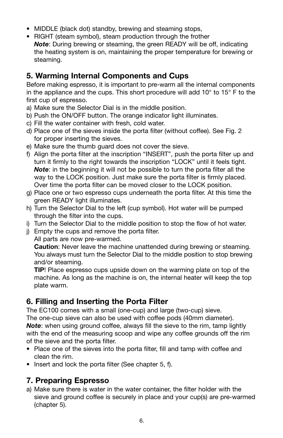 Warming internal components and cups, Filling and inserting the porta filter, Preparing espresso | Capresso EC1OO #116 User Manual | Page 6 / 12