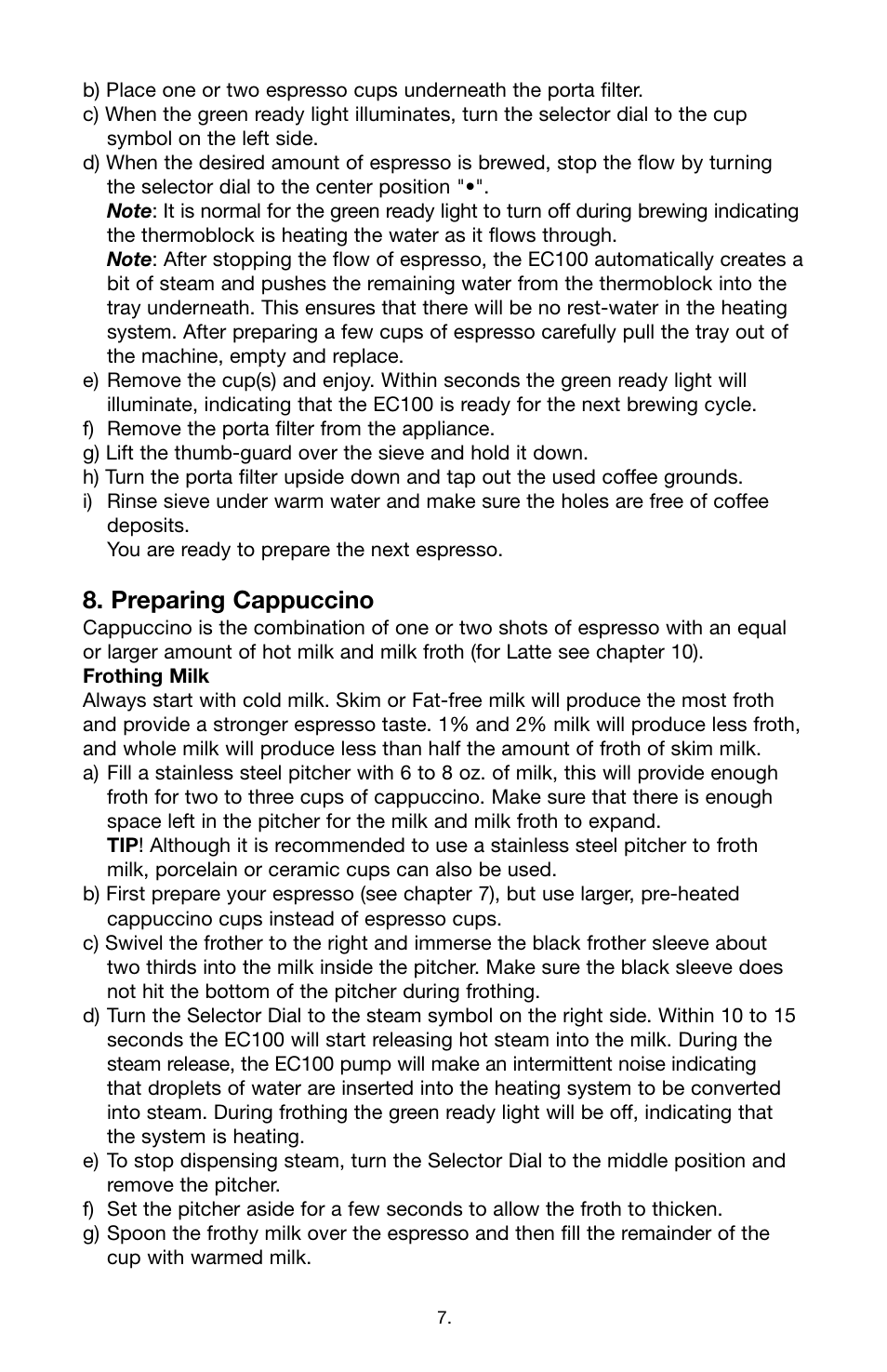 Preparing cappuccino | Capresso EC1OO #116 User Manual | Page 7 / 12