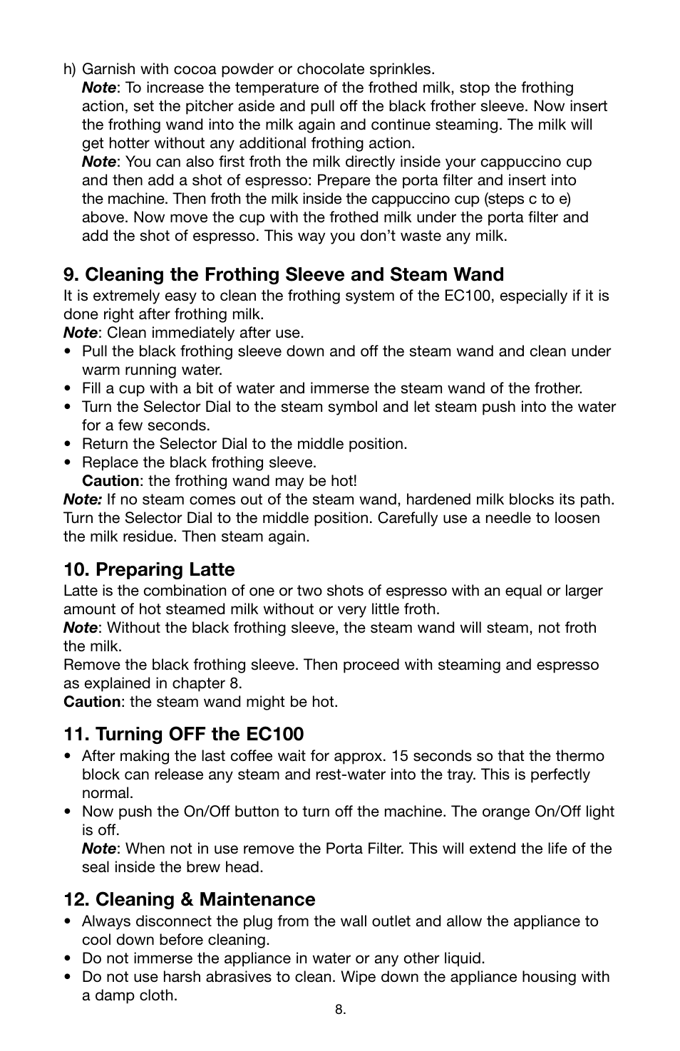 Cleaning the frothing sleeve and steam wand, Preparing latte, Turning off the ec100 | Cleaning & maintenance | Capresso EC1OO #116 User Manual | Page 8 / 12