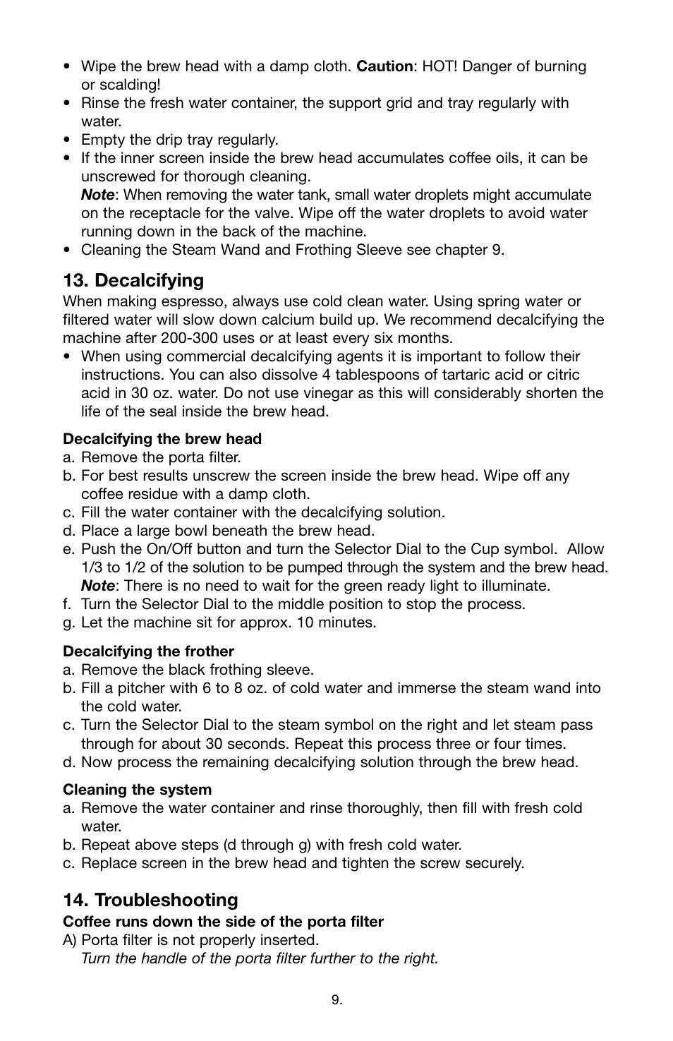 Decalcifying, Troubleshooting | Capresso EC1OO #116 User Manual | Page 9 / 12