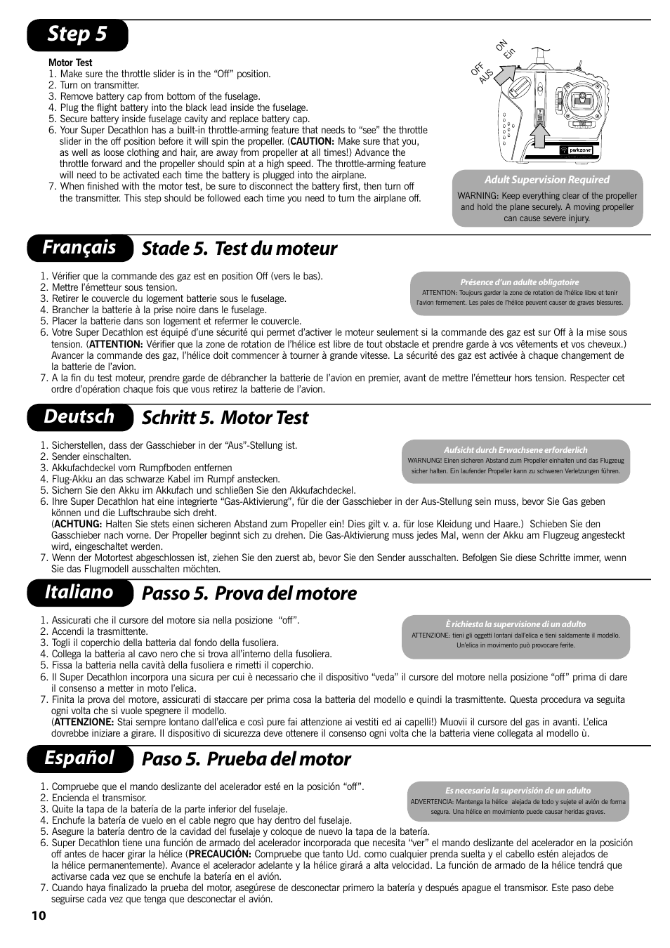 Step 5, Français stade 5. test du moteur, Deutsch schritt 5. motor test | Italiano passo 5. prova del motore, Español paso 5. prueba del motor | ParkZone PKZ1400 User Manual | Page 11 / 44