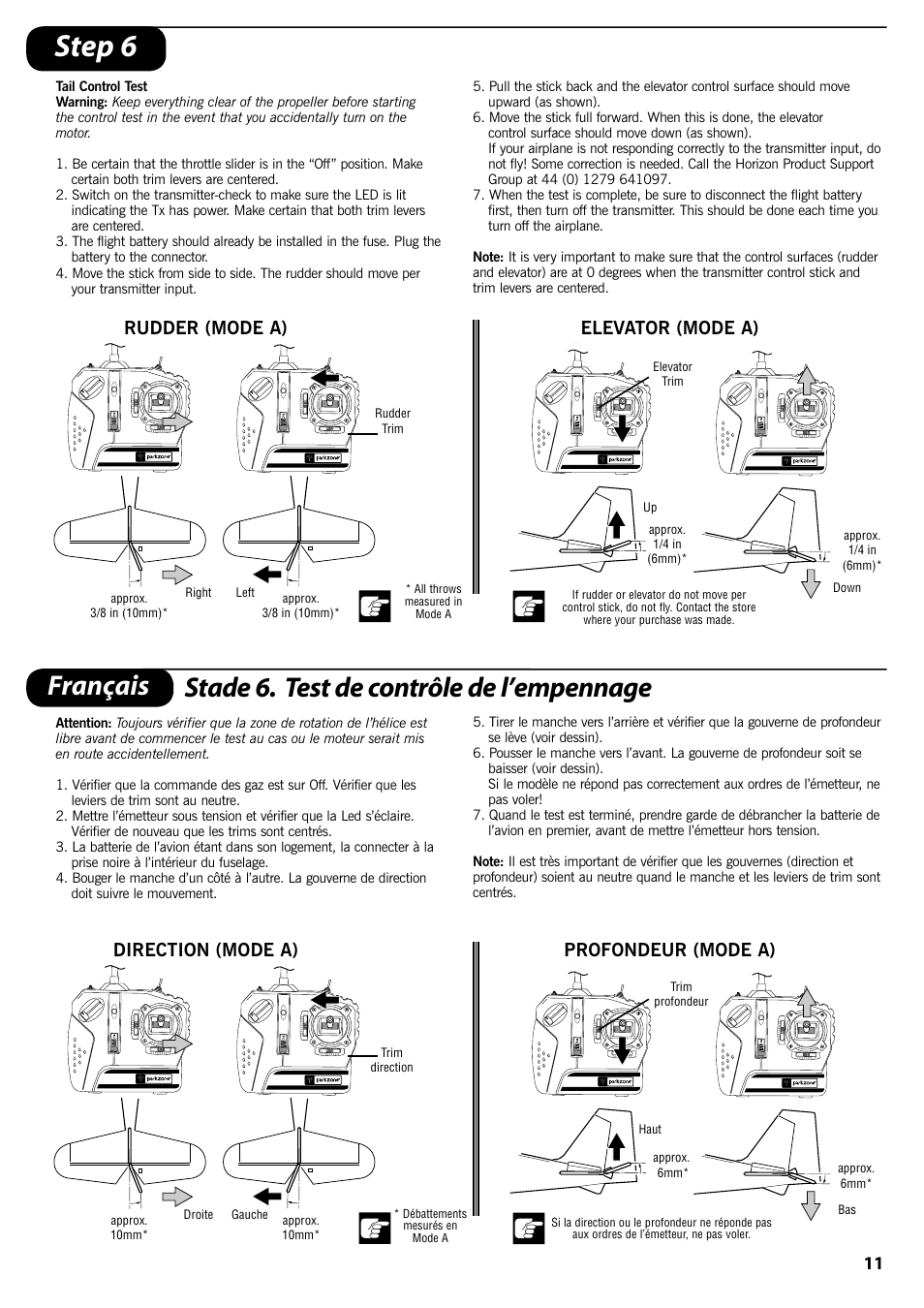 Step 6, Français stade 6. test de contrôle de l’empennage, Elevator (mode a) | Rudder (mode a), Profondeur (mode a), Direction (mode a) | ParkZone PKZ1400 User Manual | Page 12 / 44