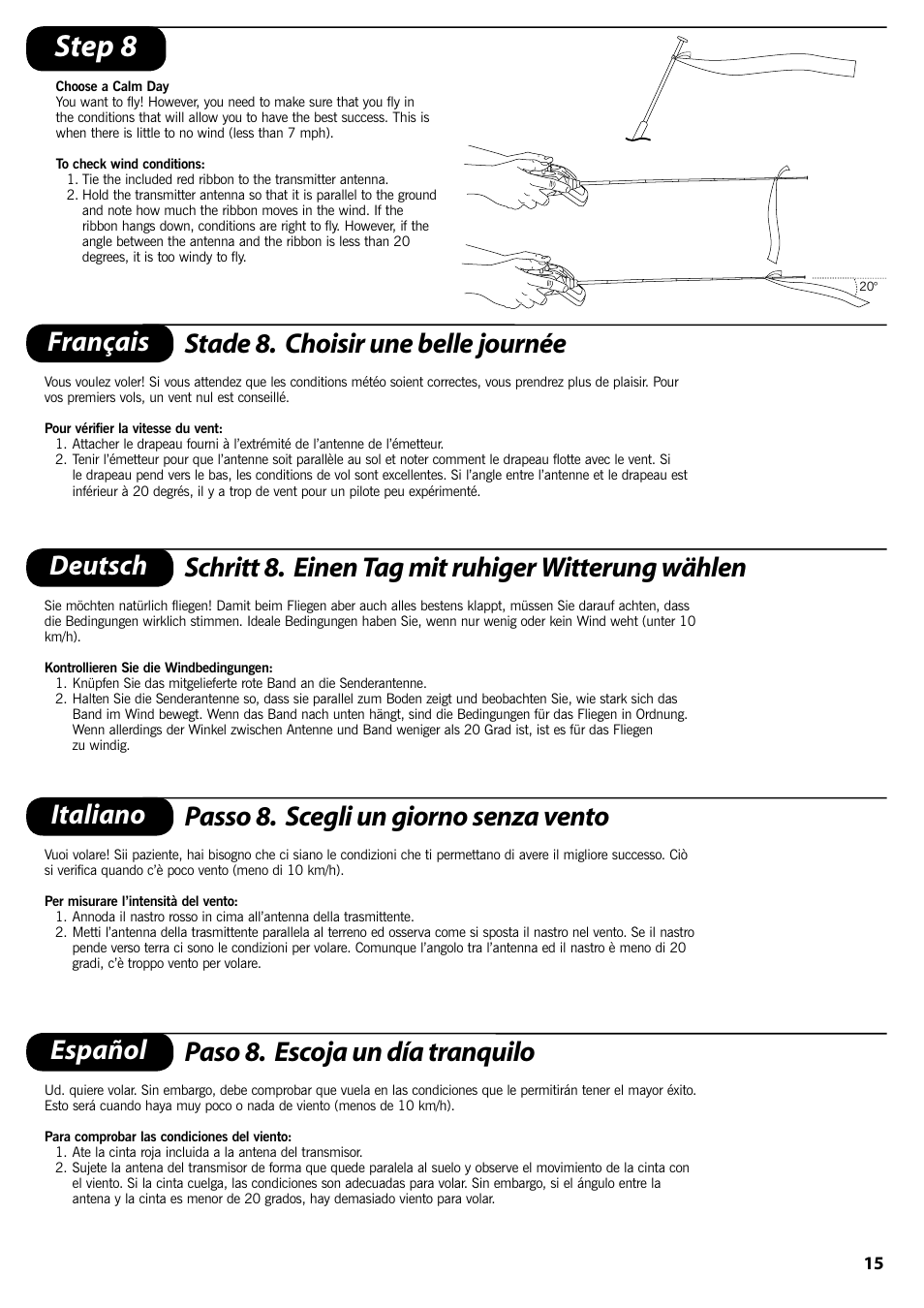 Step 8, Français stade 8. choisir une belle journée, Italiano passo 8. scegli un giorno senza vento | Español paso 8. escoja un día tranquilo | ParkZone PKZ1400 User Manual | Page 16 / 44