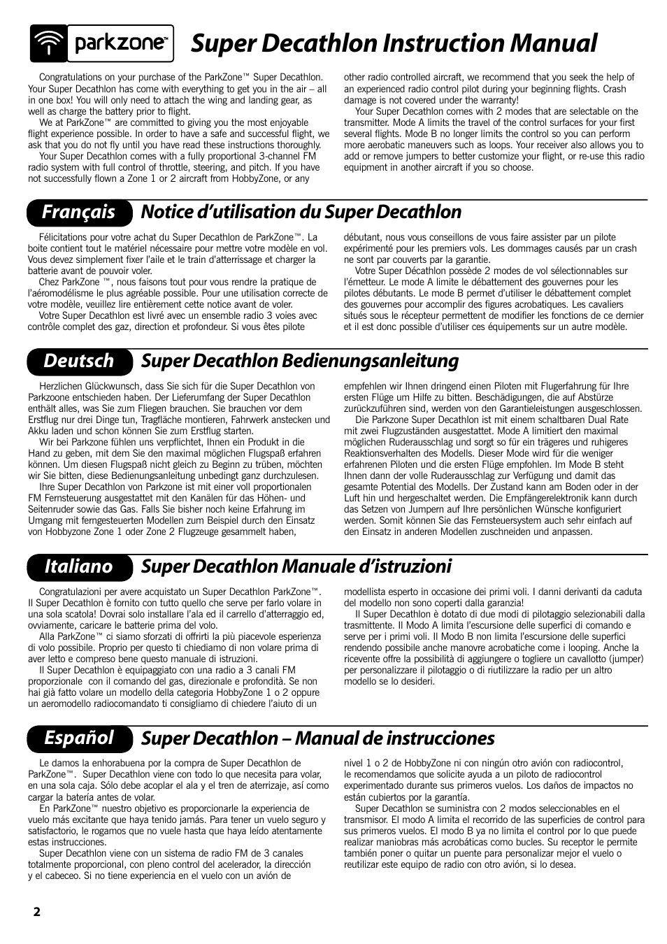 Super decathlon instruction manual, Français, Notice d’utilisation du super decathlon deutsch | Super decathlon bedienungsanleitung italiano, Super decathlon manuale d’istruzioni español, Super decathlon – manual de instrucciones | ParkZone PKZ1400 User Manual | Page 3 / 44