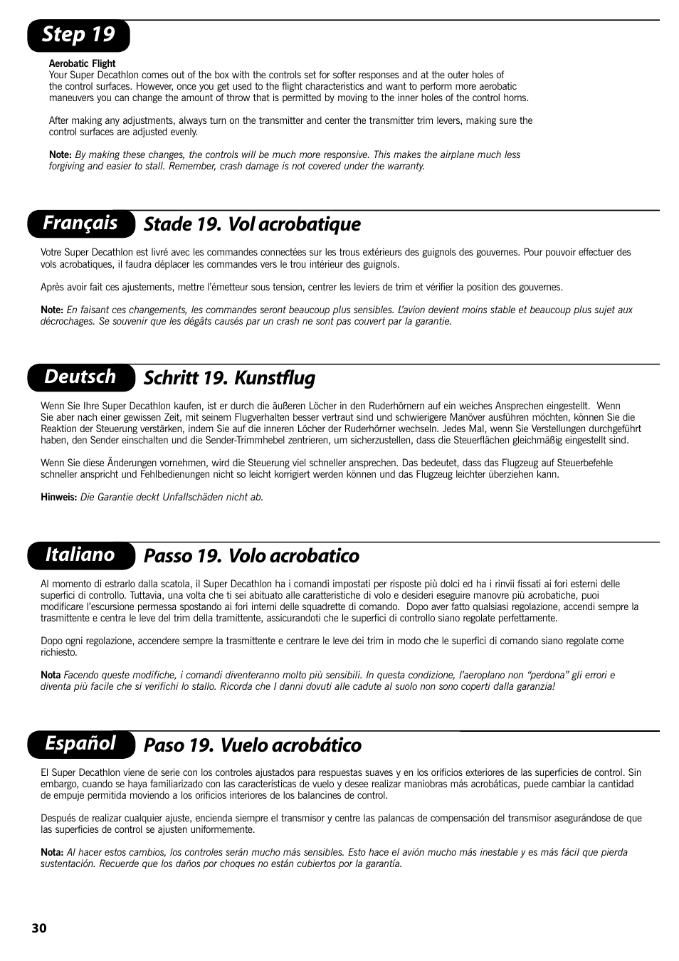 Step 19, Français stade 19. vol acrobatique, Deutsch schritt 19. kunstflug | Italiano passo 19. volo acrobatico, Español paso 19. vuelo acrobático | ParkZone PKZ1400 User Manual | Page 31 / 44