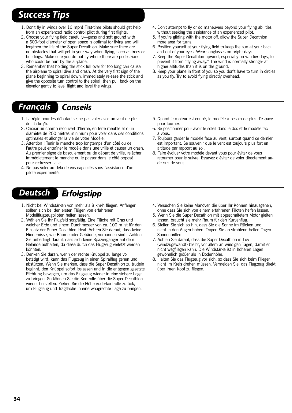 Success tips, Français conseils, Deutsch erfolgstipp | ParkZone PKZ1400 User Manual | Page 35 / 44