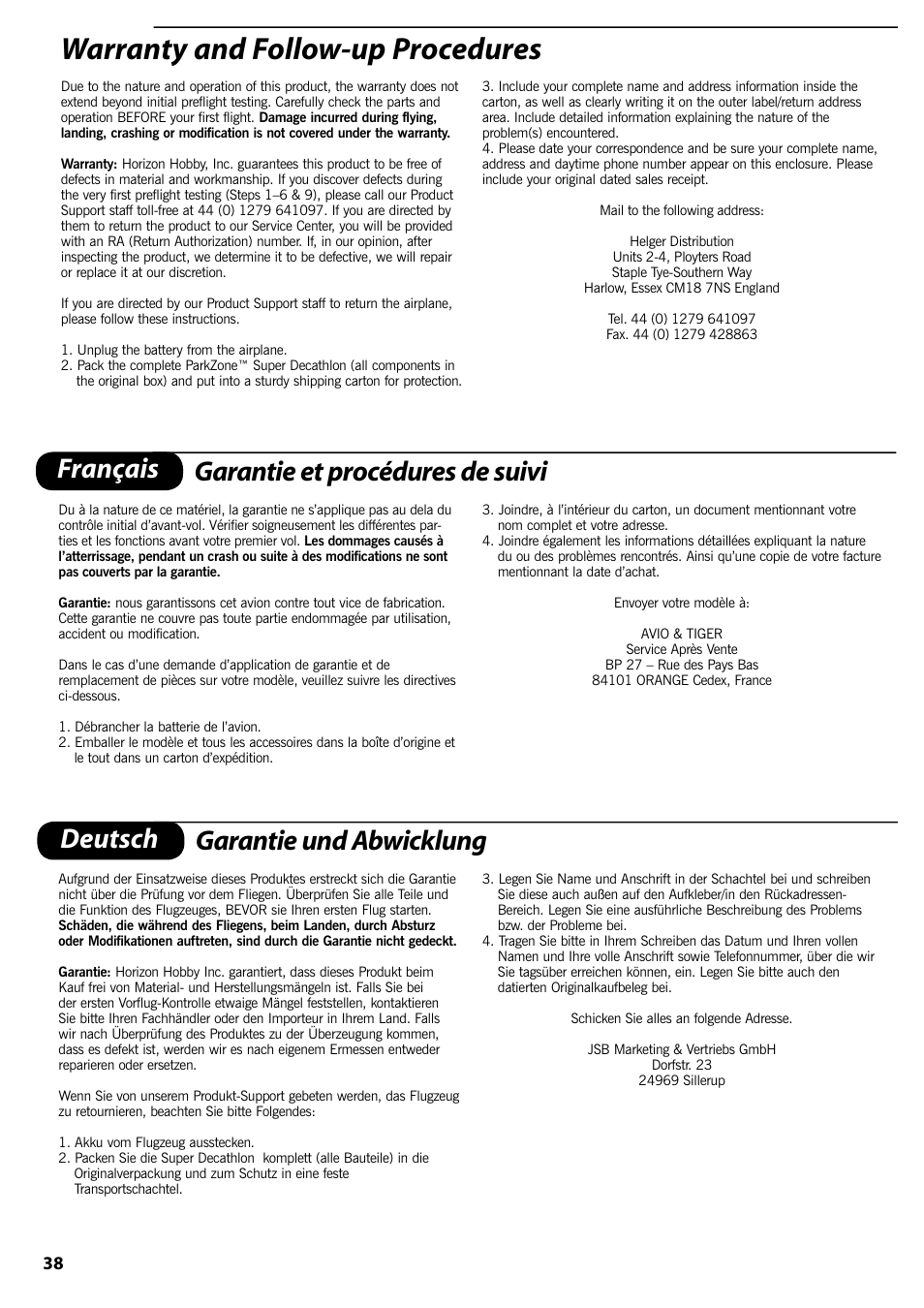 Warranty and follow-up procedures | ParkZone PKZ1400 User Manual | Page 39 / 44