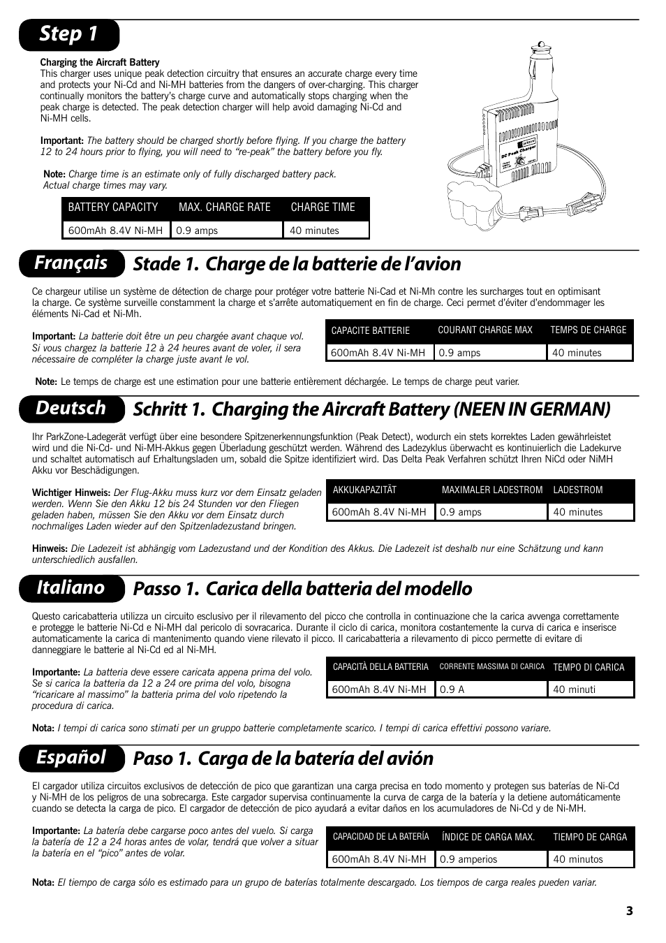 Step 1, Français stade 1. charge de la batterie de l’avion, Español paso 1. carga de la batería del avión | ParkZone PKZ1400 User Manual | Page 4 / 44