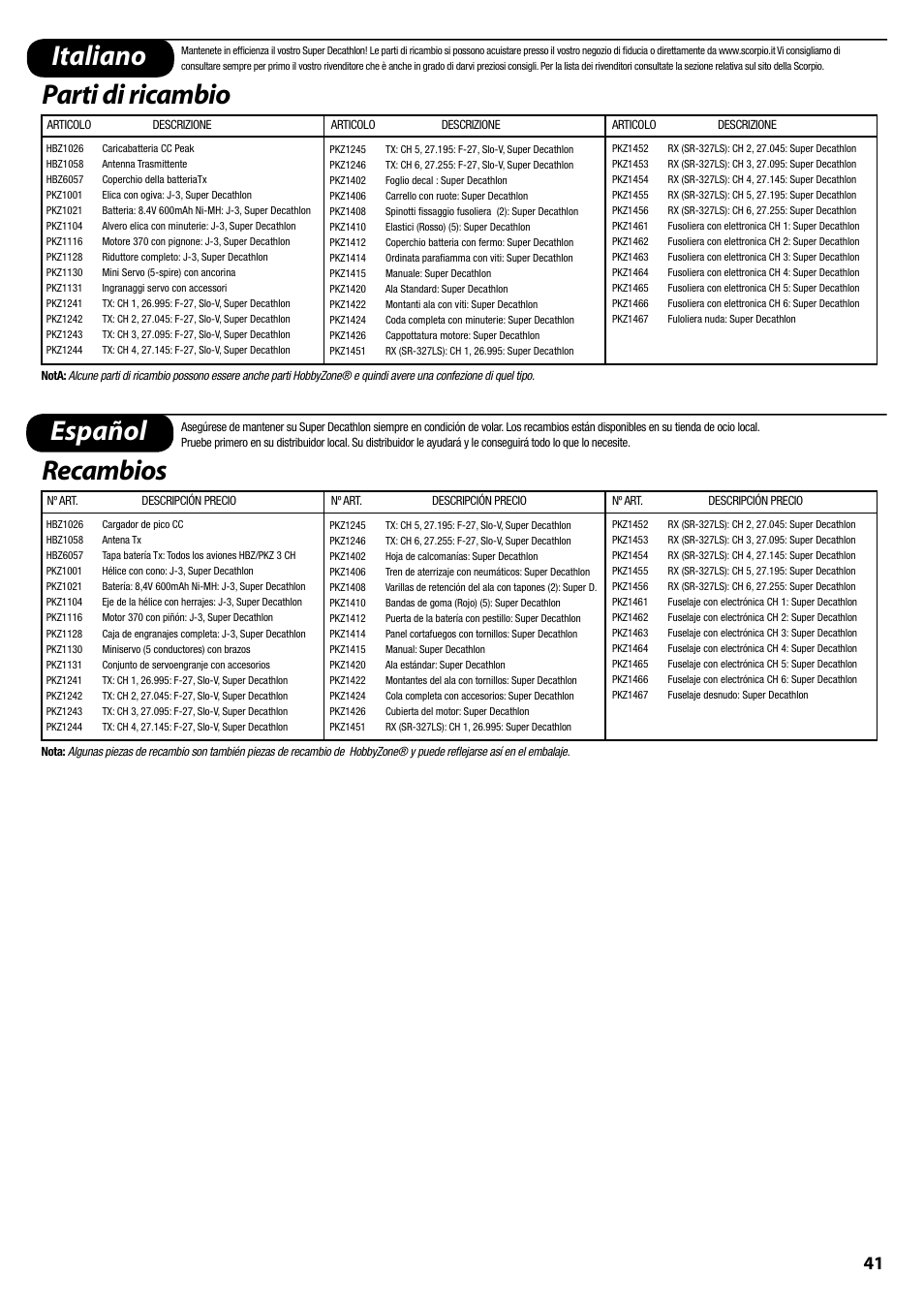 Italiano parti di ricambio español, Recambios | ParkZone PKZ1400 User Manual | Page 42 / 44