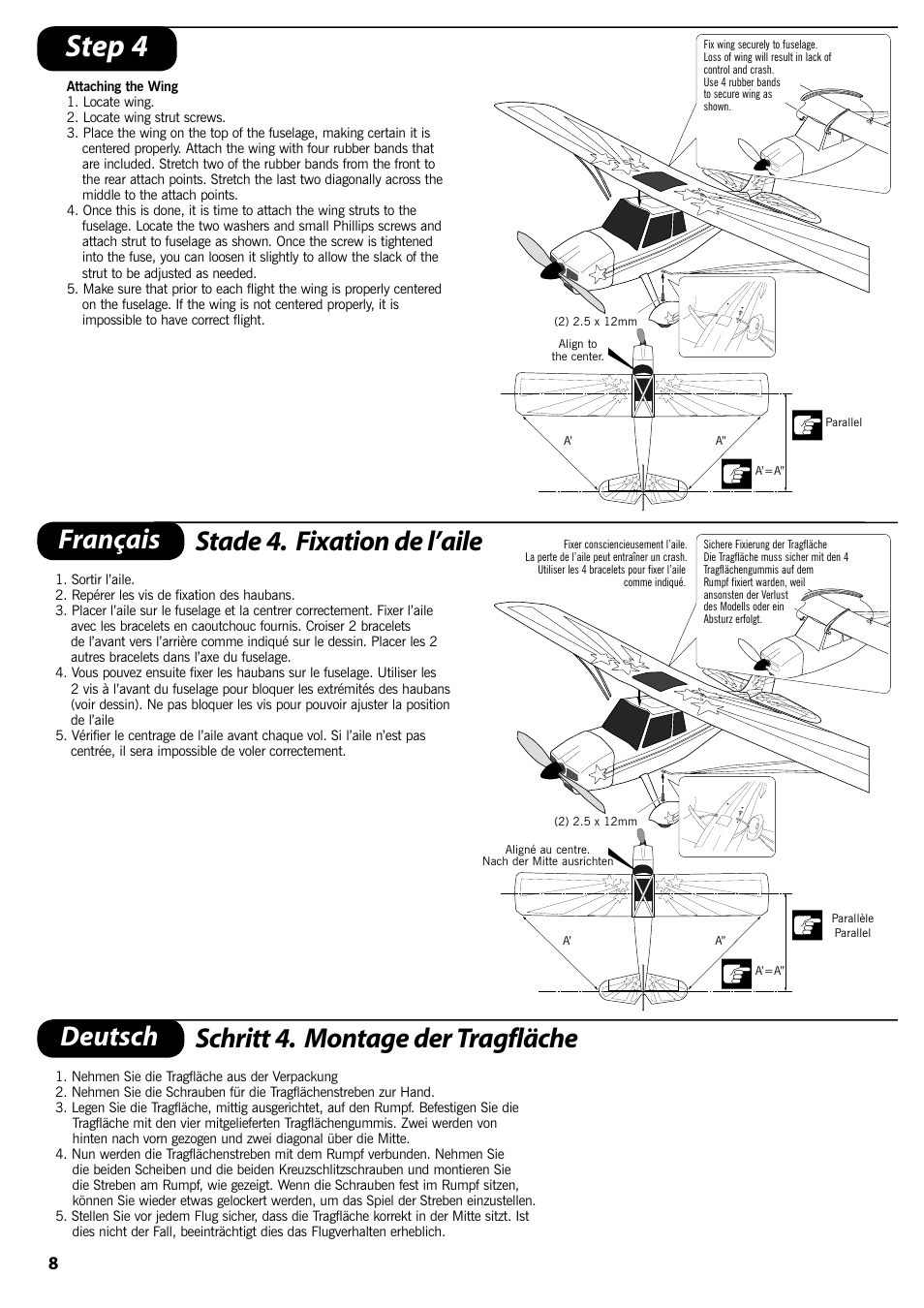 Step 4, Français stade 4. fixation de l’aile, Deutsch schritt 4. montage der tragfläche | ParkZone PKZ1400 User Manual | Page 9 / 44