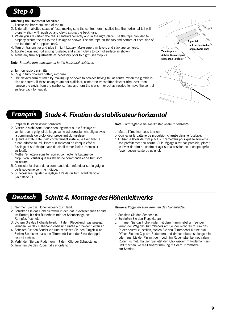 Step 4, Deutsch schritt 4. montage des höhenleitwerks | ParkZone PKZ1570 User Manual | Page 10 / 44