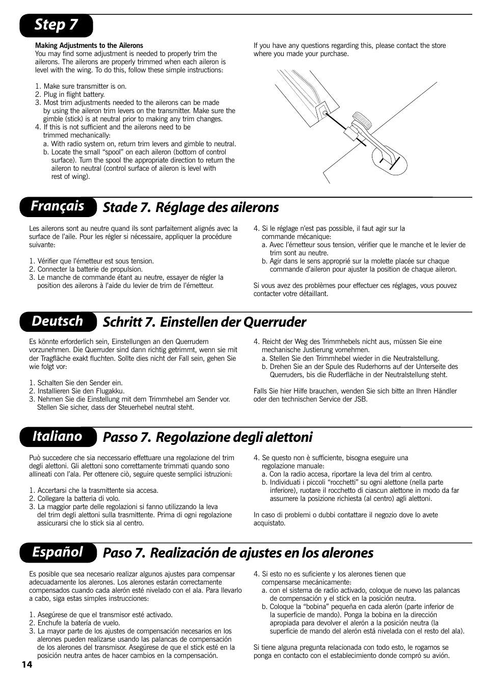 Step 7, Français stade 7. réglage des ailerons, Deutsch schritt 7. einstellen der querruder | ParkZone PKZ1570 User Manual | Page 15 / 44