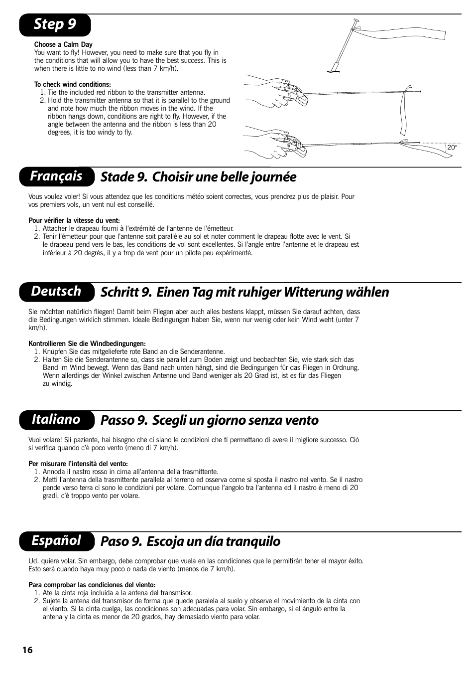 Step 9, Français stade 9. choisir une belle journée, Italiano passo 9. scegli un giorno senza vento | Español paso 9. escoja un día tranquilo | ParkZone PKZ1570 User Manual | Page 17 / 44