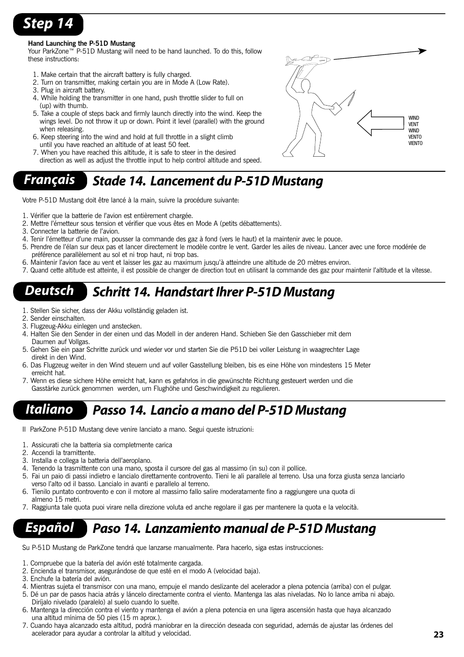 Step 14, Français stade 14. lancement du p-51d mustang, Deutsch schritt 14. handstart ihrer p-51d mustang | Italiano passo 14. lancio a mano del p-51d mustang | ParkZone PKZ1570 User Manual | Page 24 / 44