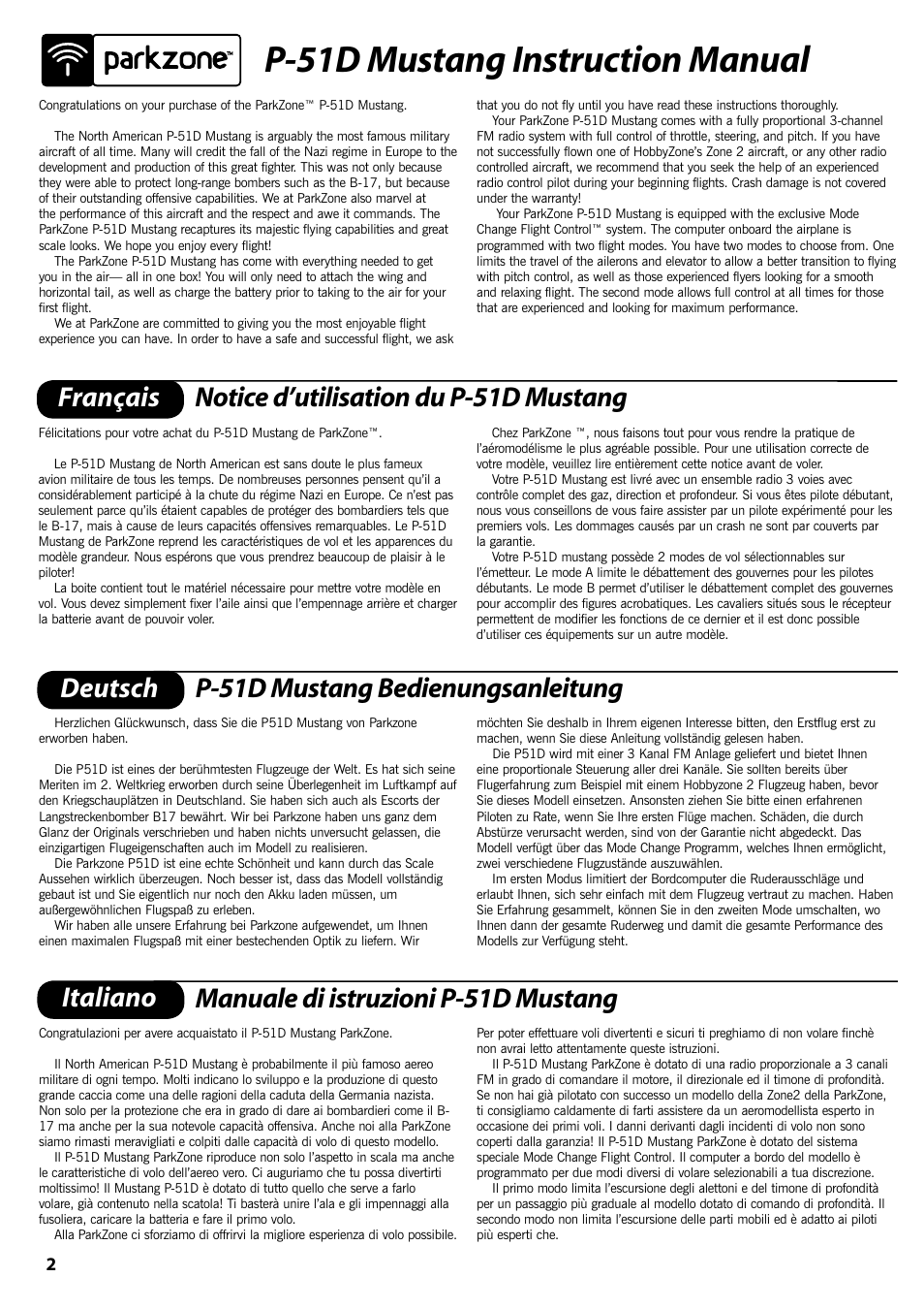 P-51d mustang instruction manual, Français notice d’utilisation du p-51d mustang, Deutsch p-51d mustang bedienungsanleitung italiano | Manuale di istruzioni p-51d mustang | ParkZone PKZ1570 User Manual | Page 3 / 44