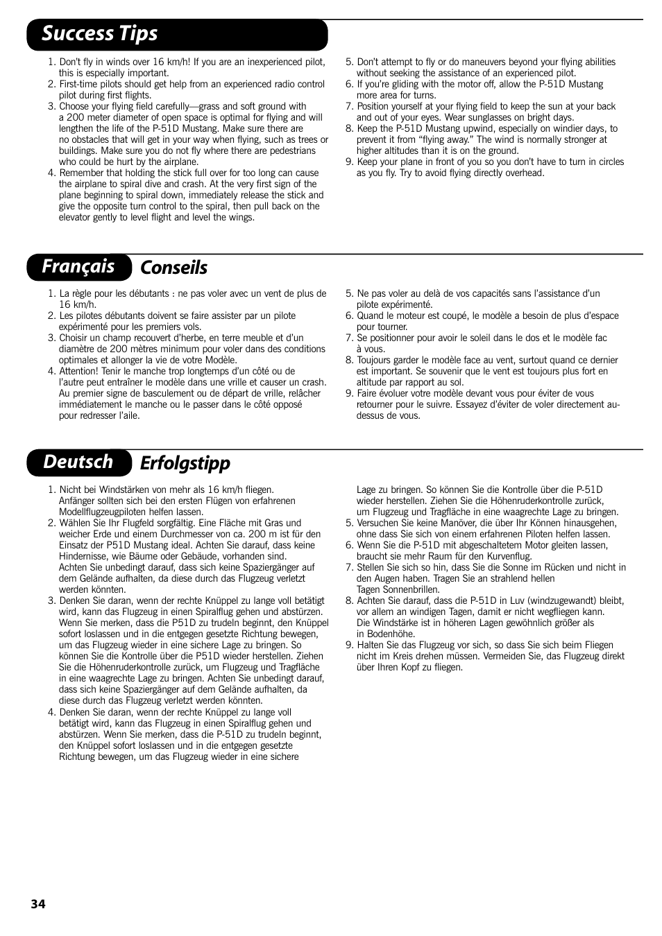 Success tips, Français conseils, Deutsch erfolgstipp | ParkZone PKZ1570 User Manual | Page 35 / 44