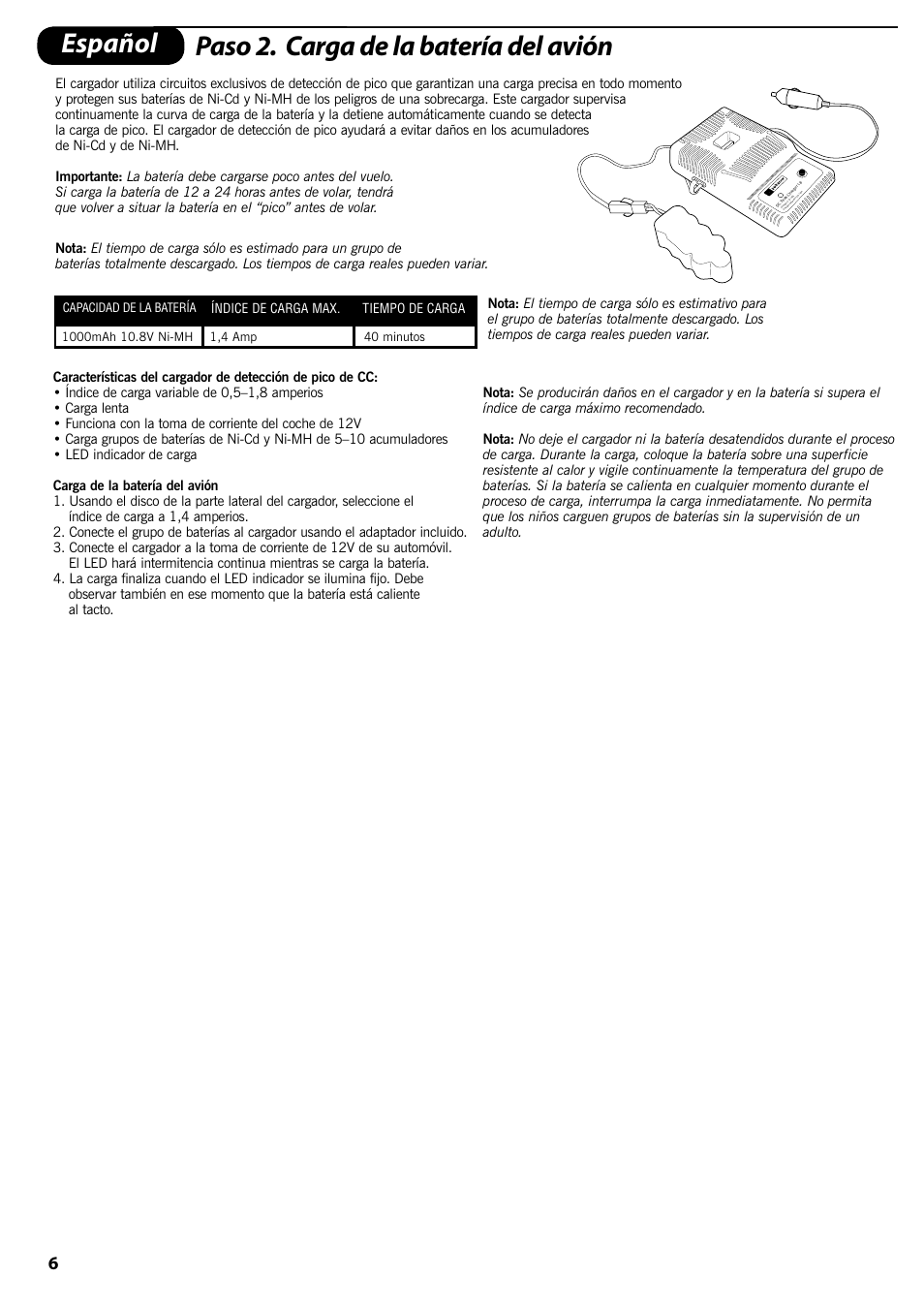 Español paso 2. carga de la batería del avión | ParkZone PKZ1570 User Manual | Page 7 / 44