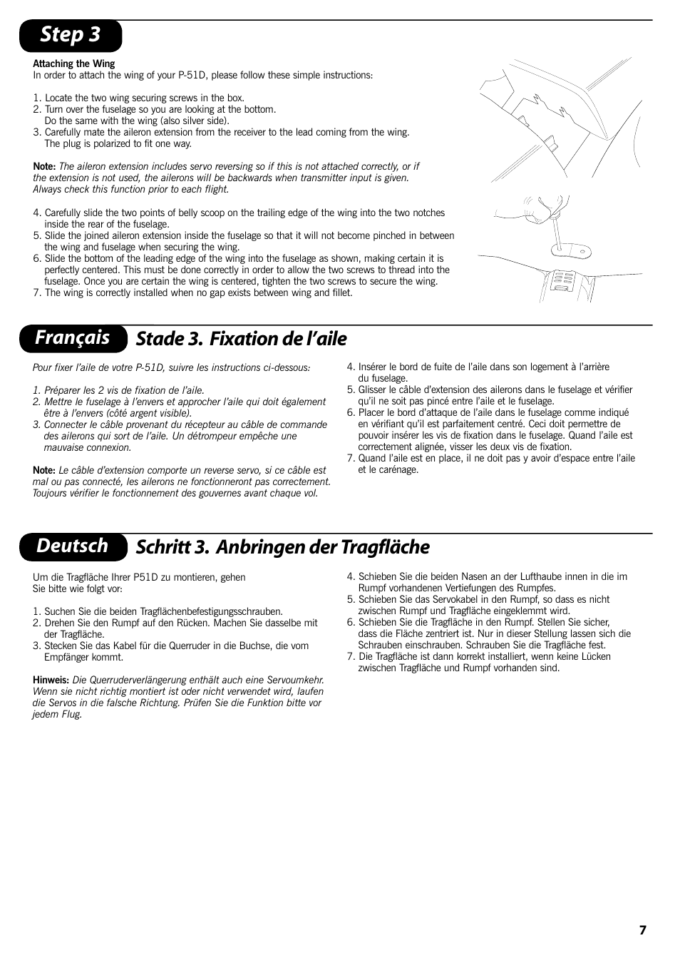 Step 3, Français stade 3. fixation de l’aile, Deutsch schritt 3. anbringen der tragfläche | ParkZone PKZ1570 User Manual | Page 8 / 44