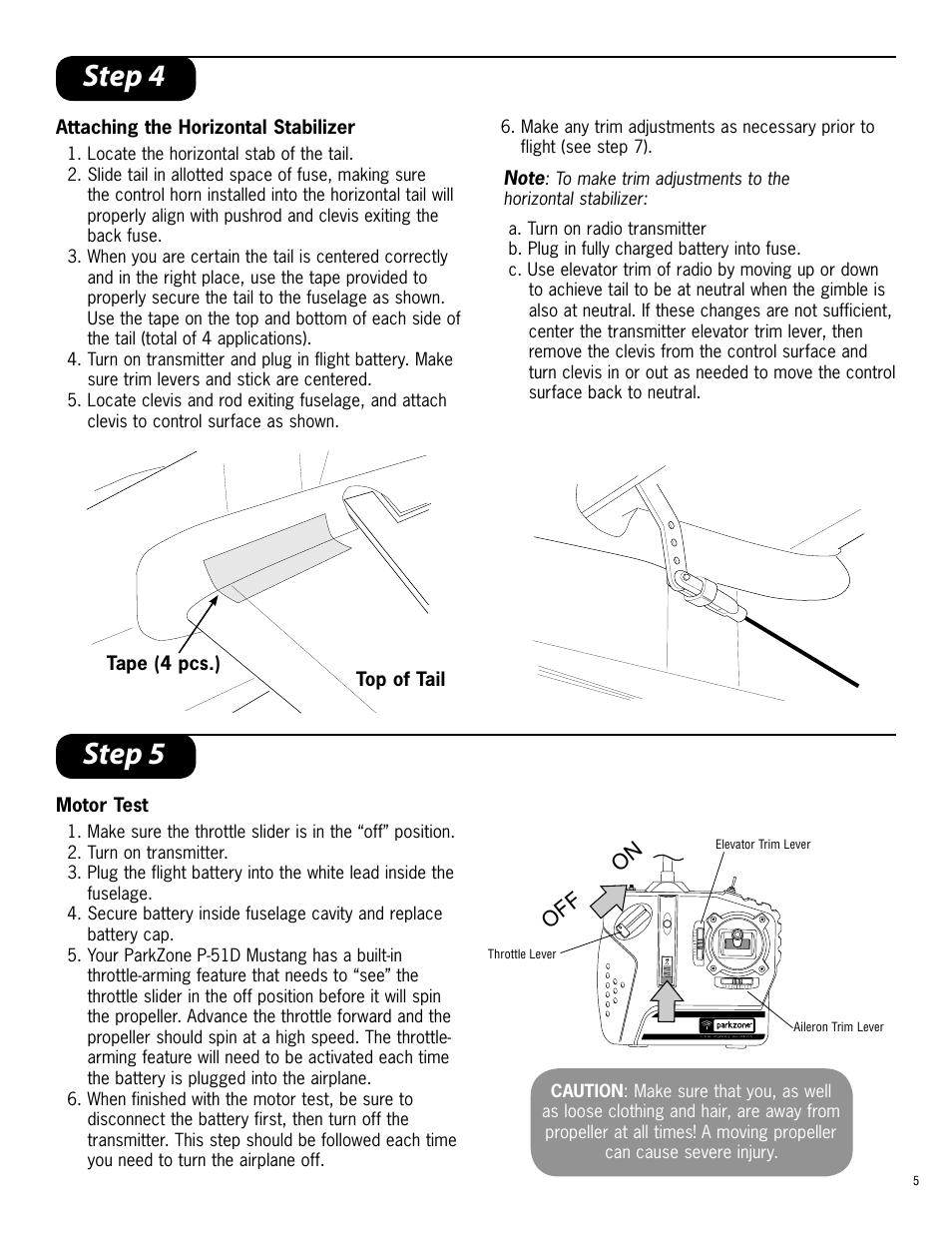 Step 4 step 5, Of f o n | ParkZone PKZ1570 User Manual | Page 5 / 16