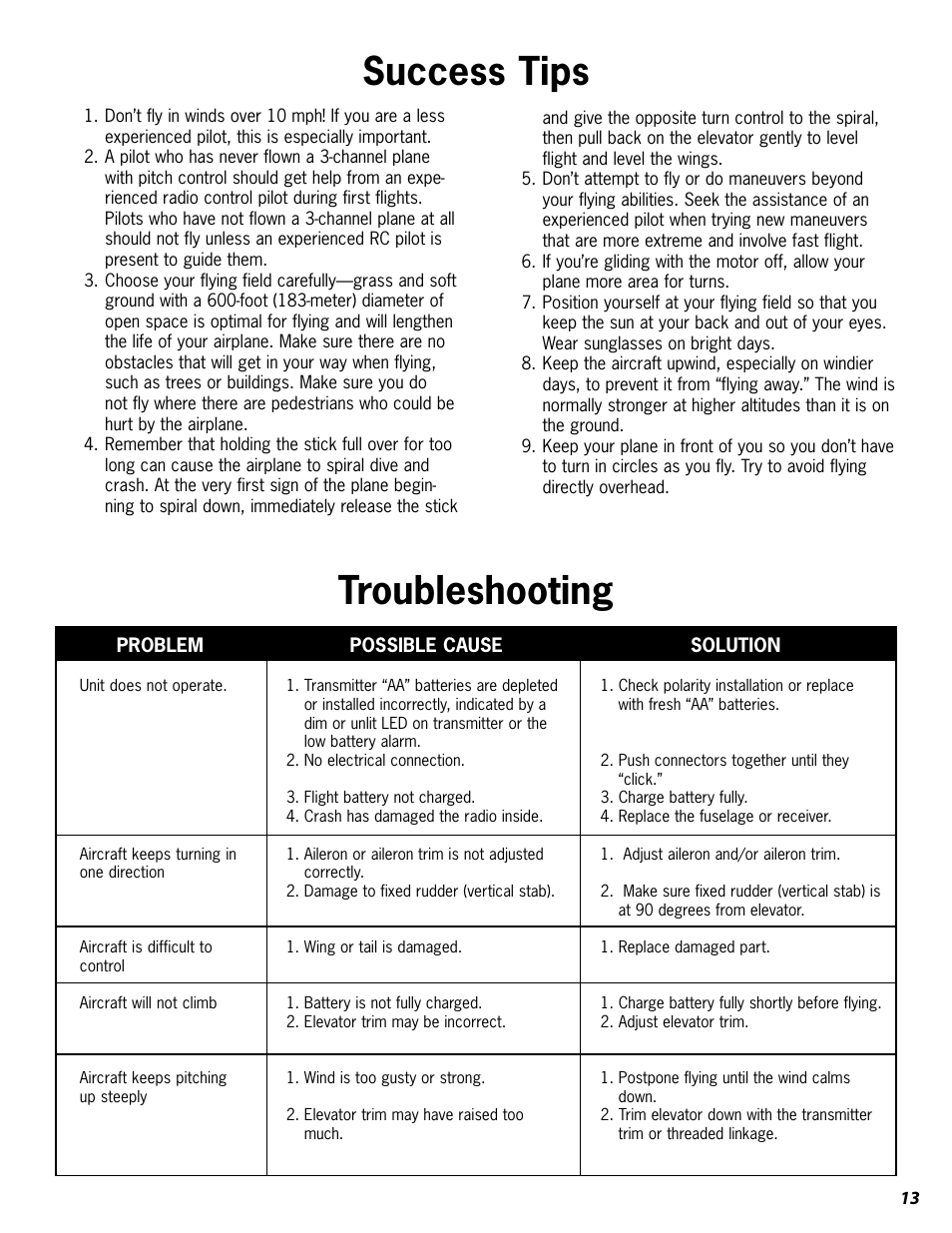 Success tips, Troubleshooting | ParkZone PKZ1600 User Manual | Page 13 / 18