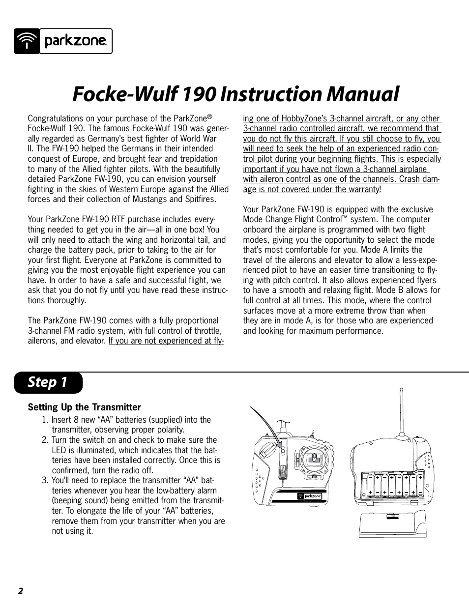 Focke-wulf 190 instruction manual, Step 1 | ParkZone PKZ1600 User Manual | Page 2 / 18
