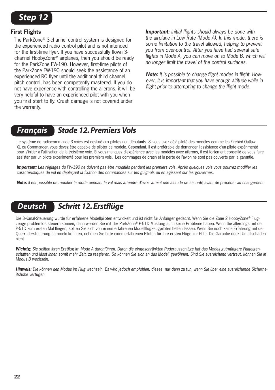 Step 12, Français stade 12. premiers vols, Deutsch schritt 12. erstflüge | ParkZone PKZ1600 User Manual | Page 22 / 56