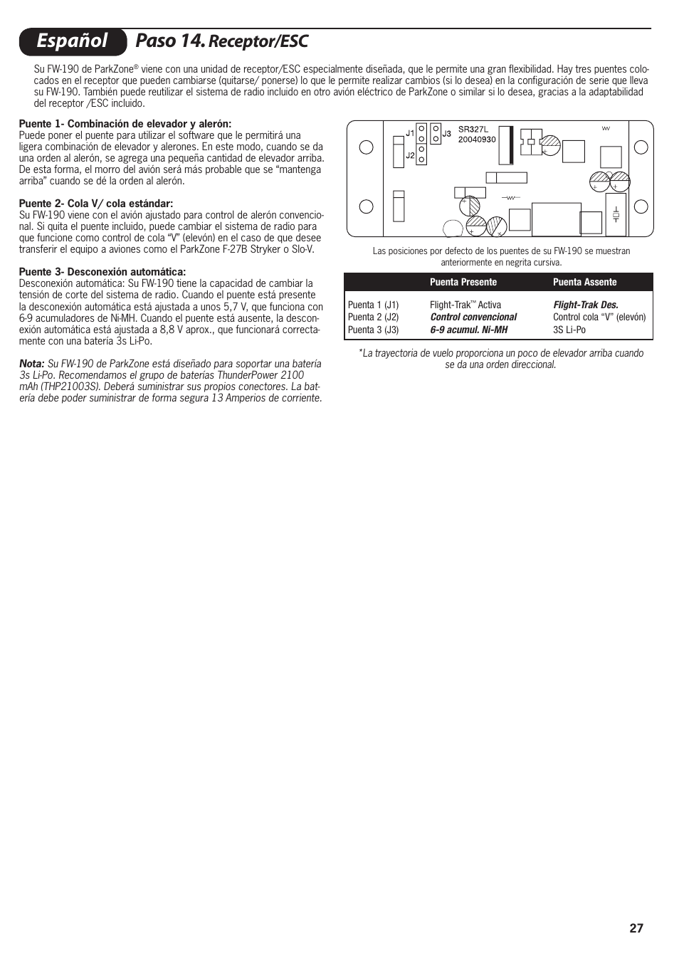 Español paso 14, Receptor/esc | ParkZone PKZ1600 User Manual | Page 27 / 56