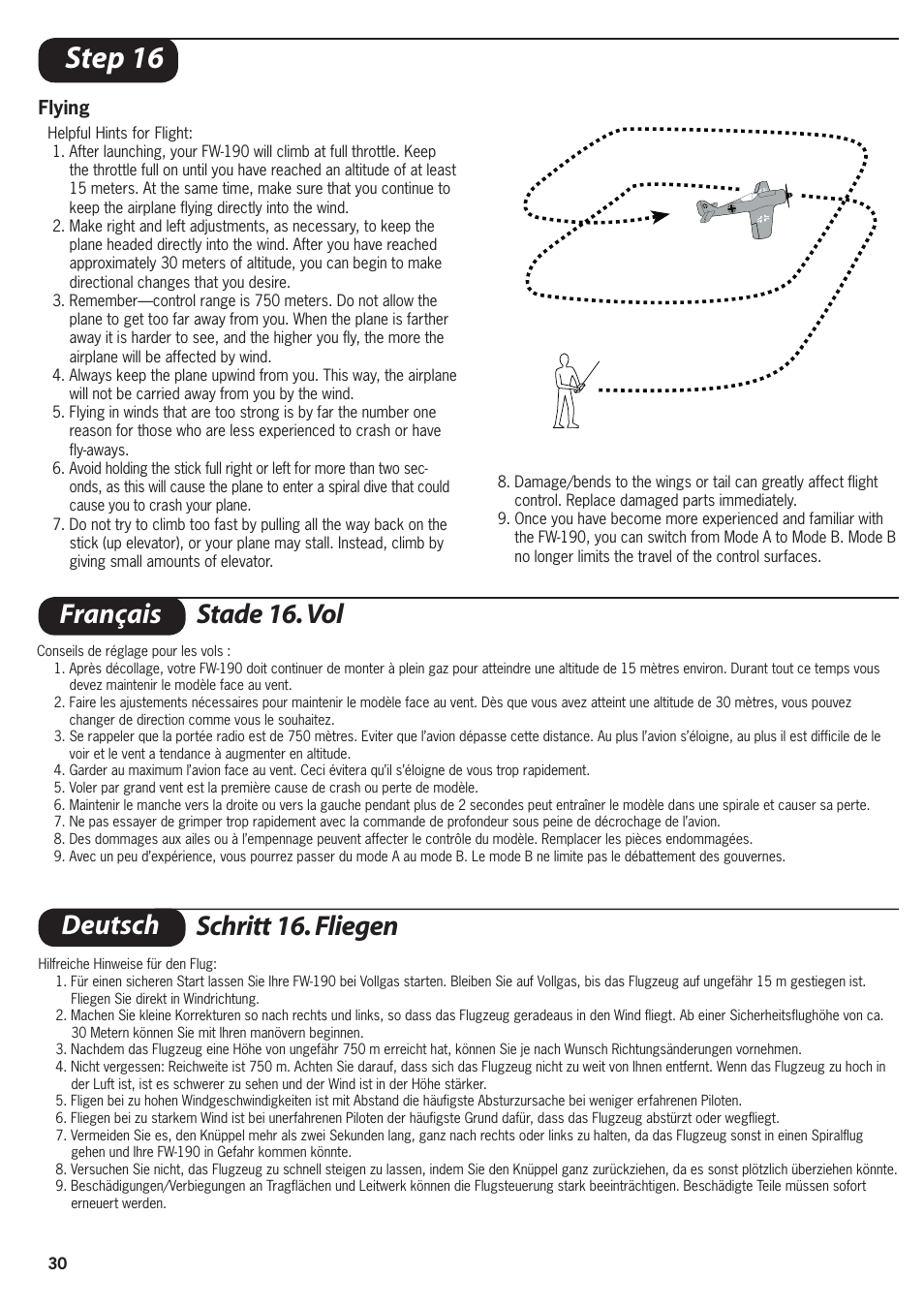 Step 16, Français stade 16. vol deutsch schritt 16. fliegen | ParkZone PKZ1600 User Manual | Page 30 / 56