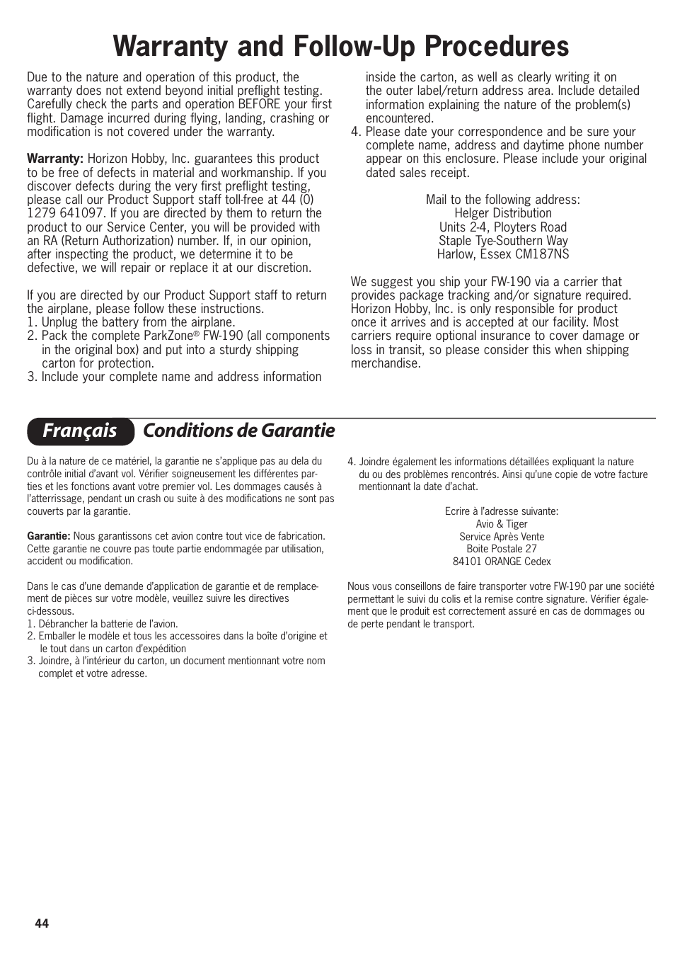 Warranty and follow-up procedures, Français conditions de garantie | ParkZone PKZ1600 User Manual | Page 44 / 56