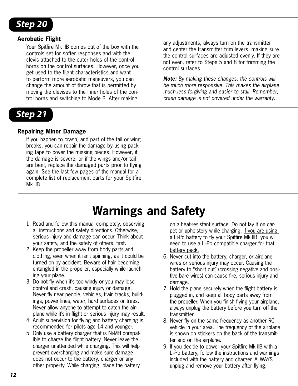 Warnings and safety, Step 20, Step 21 | ParkZone PKZ1700 User Manual | Page 12 / 20