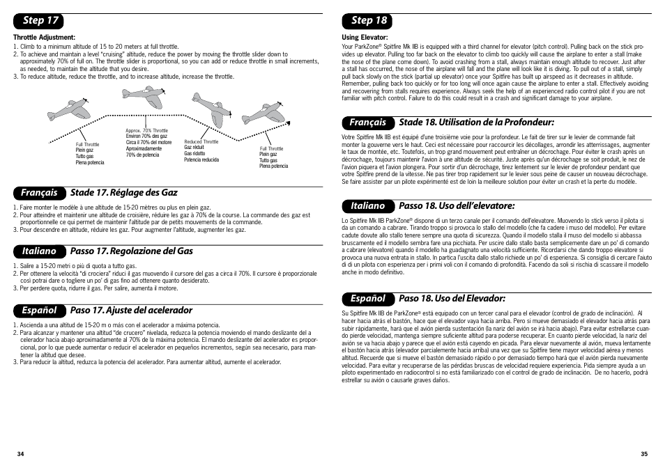 Step 17, Step 18, Français stade 17. réglage des gaz | Français stade 18. utilisation de la profondeur | ParkZone PKZ1700 User Manual | Page 18 / 29