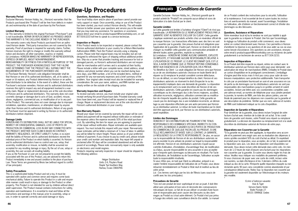 Warranty and follow-up procedures, Français conditions de garantie | ParkZone PKZ1700 User Manual | Page 24 / 29