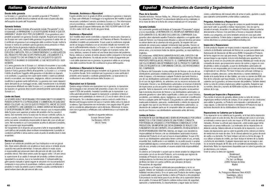 Italiano garanzia ed assistenza, Español procedimientos de garantía y seguimiento | ParkZone PKZ1700 User Manual | Page 25 / 29