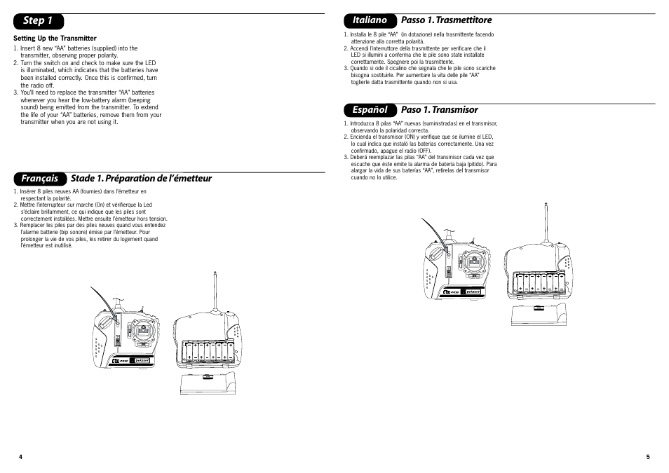 Step 1, Elev rev ail t/v system elev rev ail t/v system, Français | Stade 1. préparation de l’émetteur, Italiano passo 1. trasmettitore, Español paso 1. transmisor | ParkZone PKZ1700 User Manual | Page 3 / 29