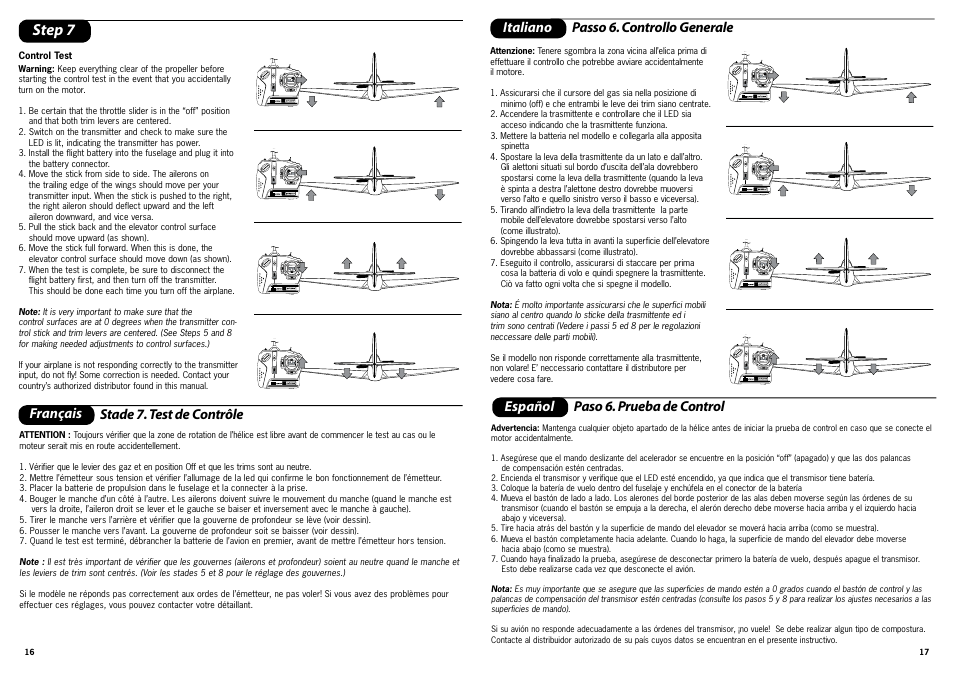 Step 7, Español paso 6. prueba de control | ParkZone PKZ1700 User Manual | Page 9 / 29