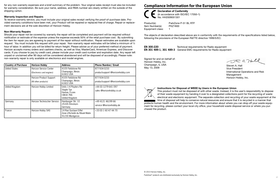 Compliance information for the european union | ParkZone PKZ1800 User Manual | Page 11 / 12