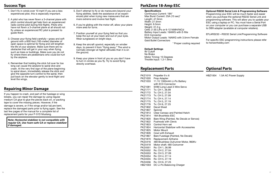 Replacement parts optional parts | ParkZone PKZ1800 User Manual | Page 9 / 12