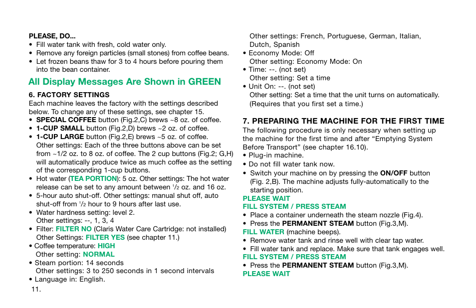 All display messages are shown in green | Capresso Impressa S7 User Manual | Page 11 / 29