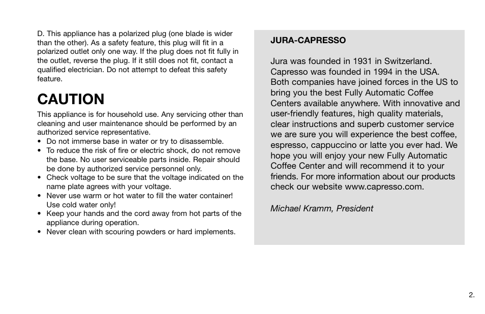 Caution | Capresso Impressa S7 User Manual | Page 2 / 29