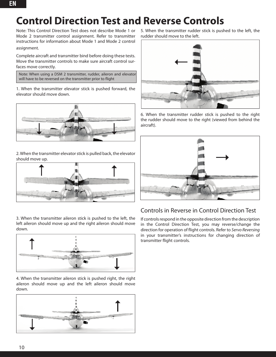 Control direction test and reverse controls, Controls in reverse in control direction test | ParkZone PKZ1980 User Manual | Page 10 / 72