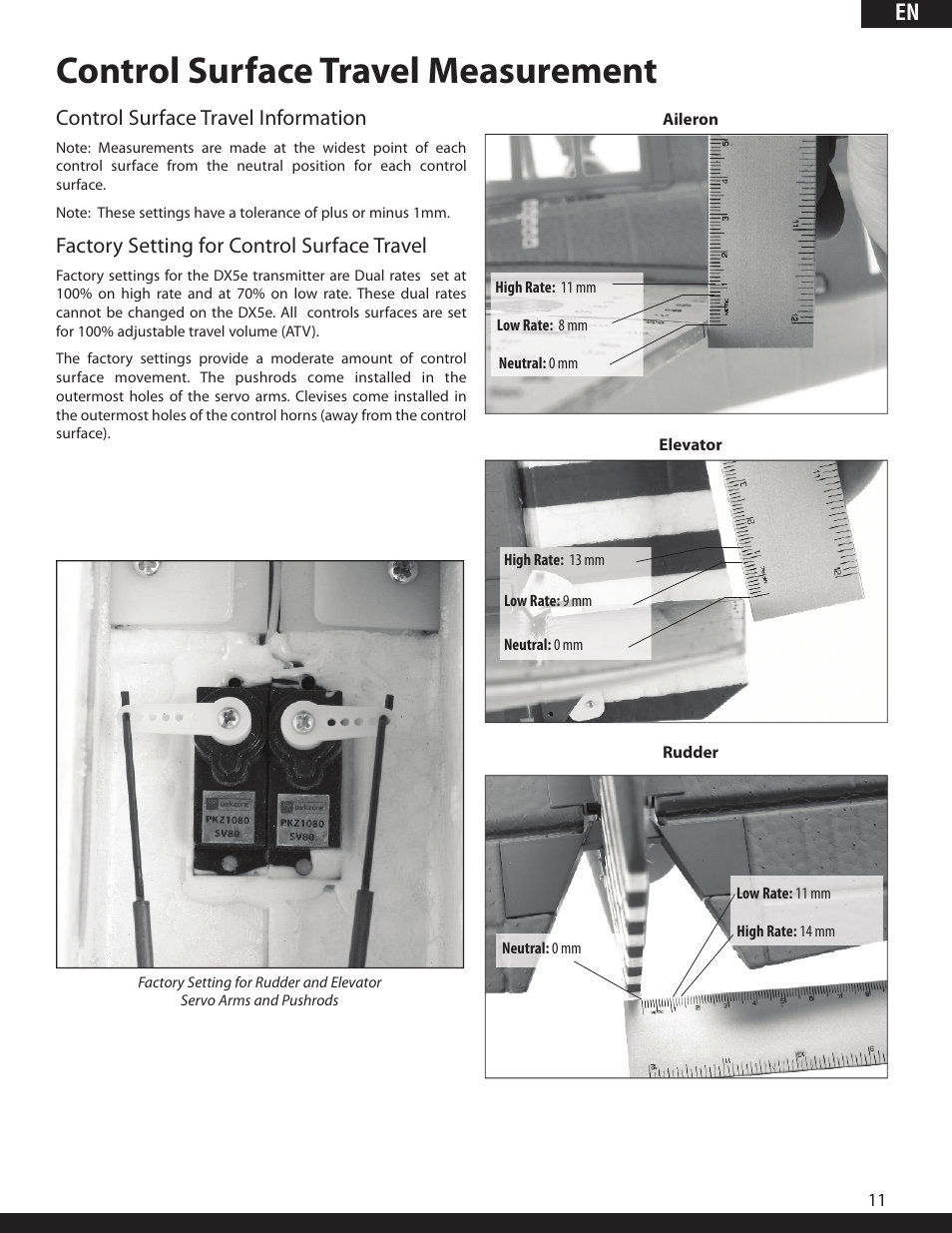 Control surface travel measurement, Control surface travel information, Factory setting for control surface travel | ParkZone PKZ1980 User Manual | Page 11 / 72