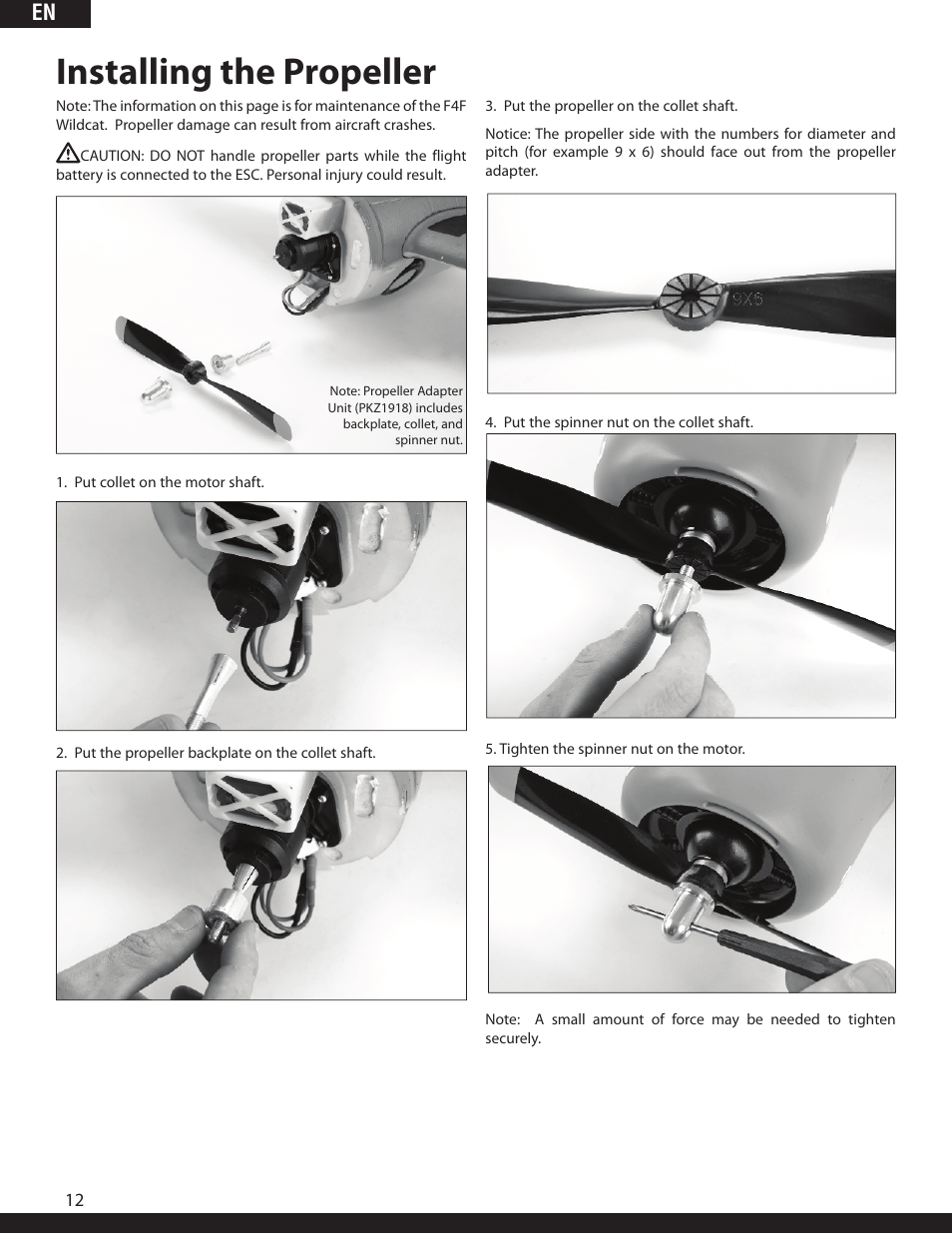 Installing the propeller | ParkZone PKZ1980 User Manual | Page 12 / 72