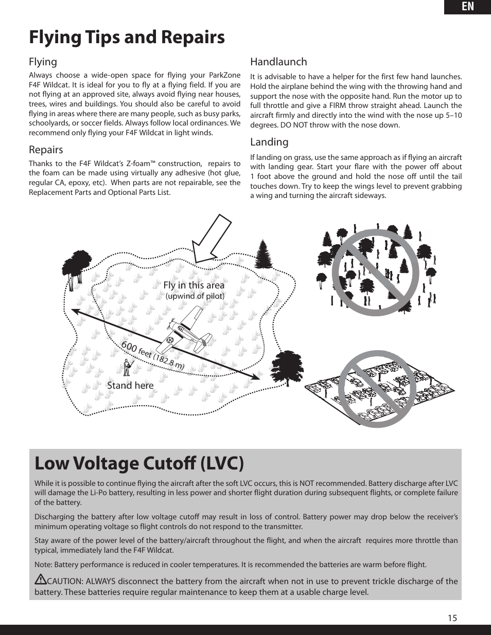 Flying tips and repairs, Low voltage cutoff (lvc), En flying | Repairs, Handlaunch, Landing | ParkZone PKZ1980 User Manual | Page 15 / 72